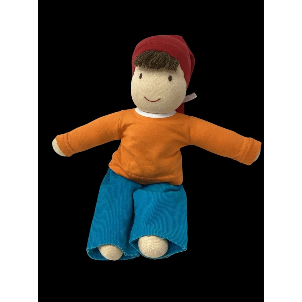 Under The Nile Organic Cotton Doll Plush Lovey Orange Top Red Hat  12"